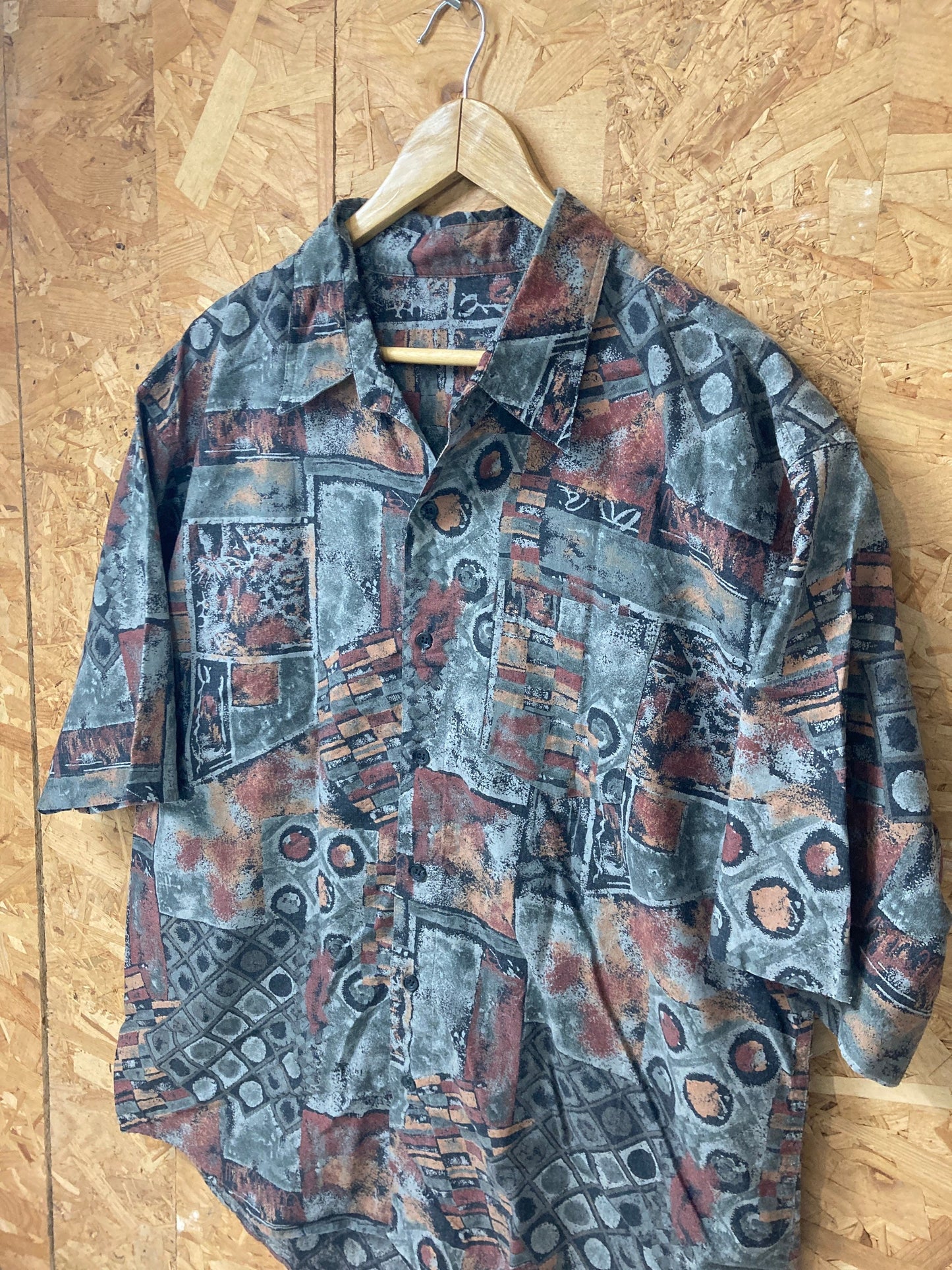 Vintage 90s brown grey grungy ugly pattern sketchbook print party summer mens short sleeve shirt siz