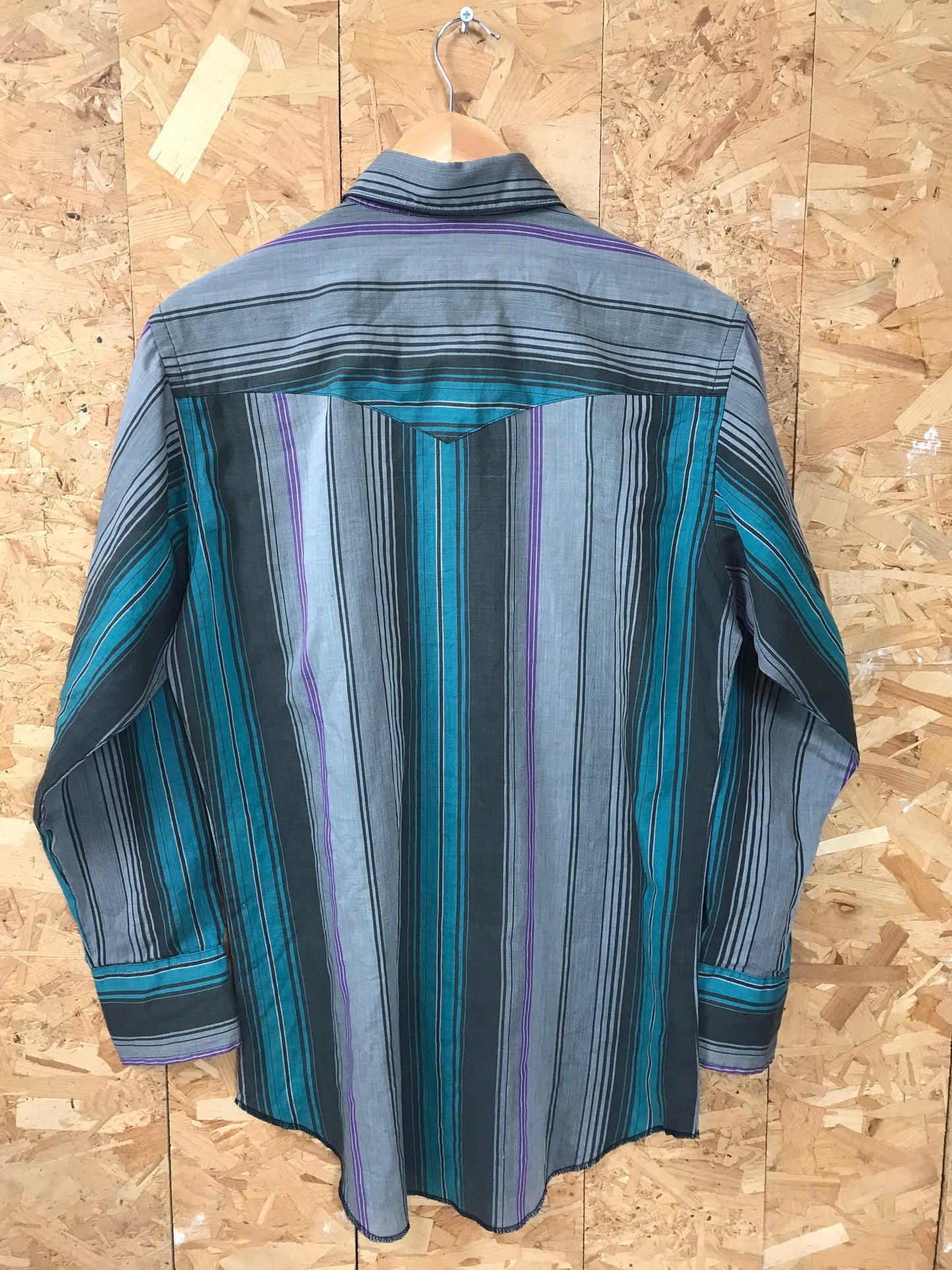 Vintage Rustler Western Cowboy Dress Shirt Grey green purple striped twin pocket size large long tail size large