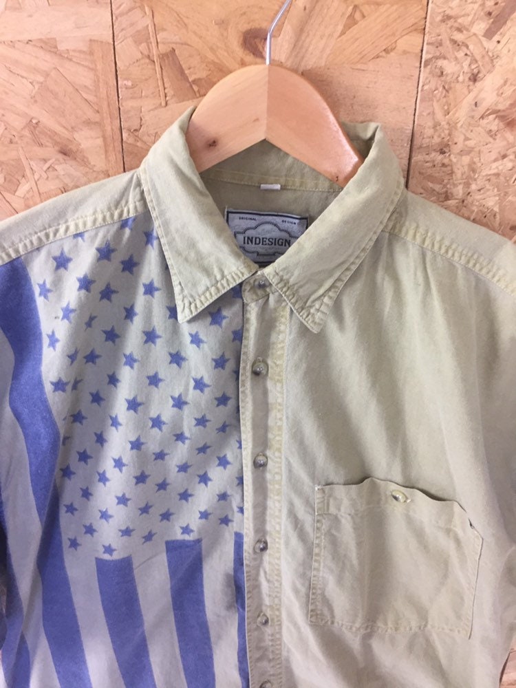 Vintage 90s blue beige block panel USA Stars and Stripes flag western print shirt size large