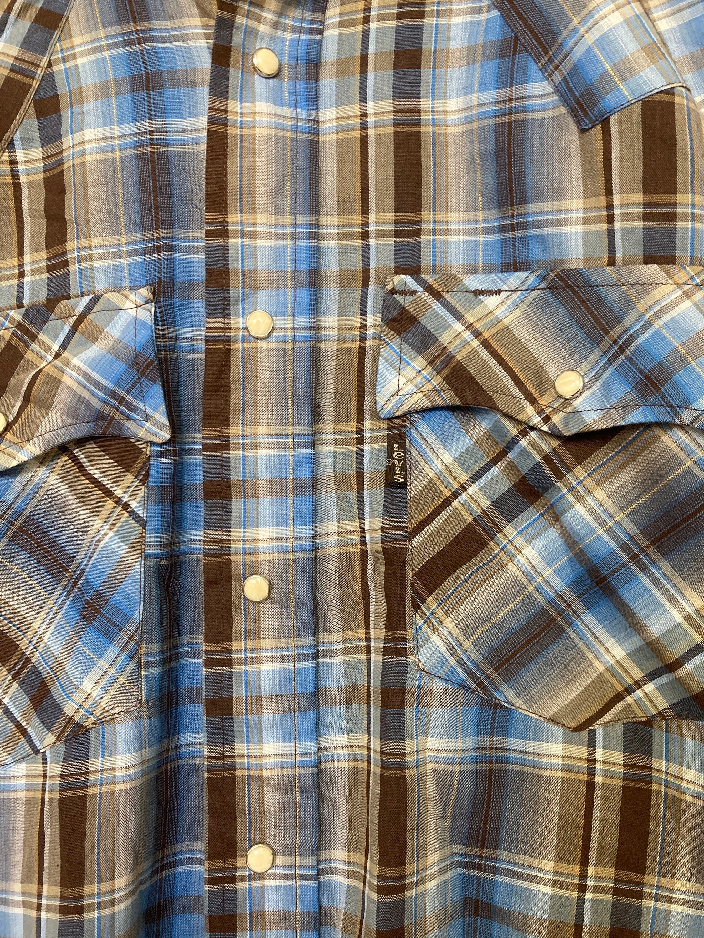 Vintage 80s Levis beige blue brown cotton check plaid western cowboy rancher shirt size large