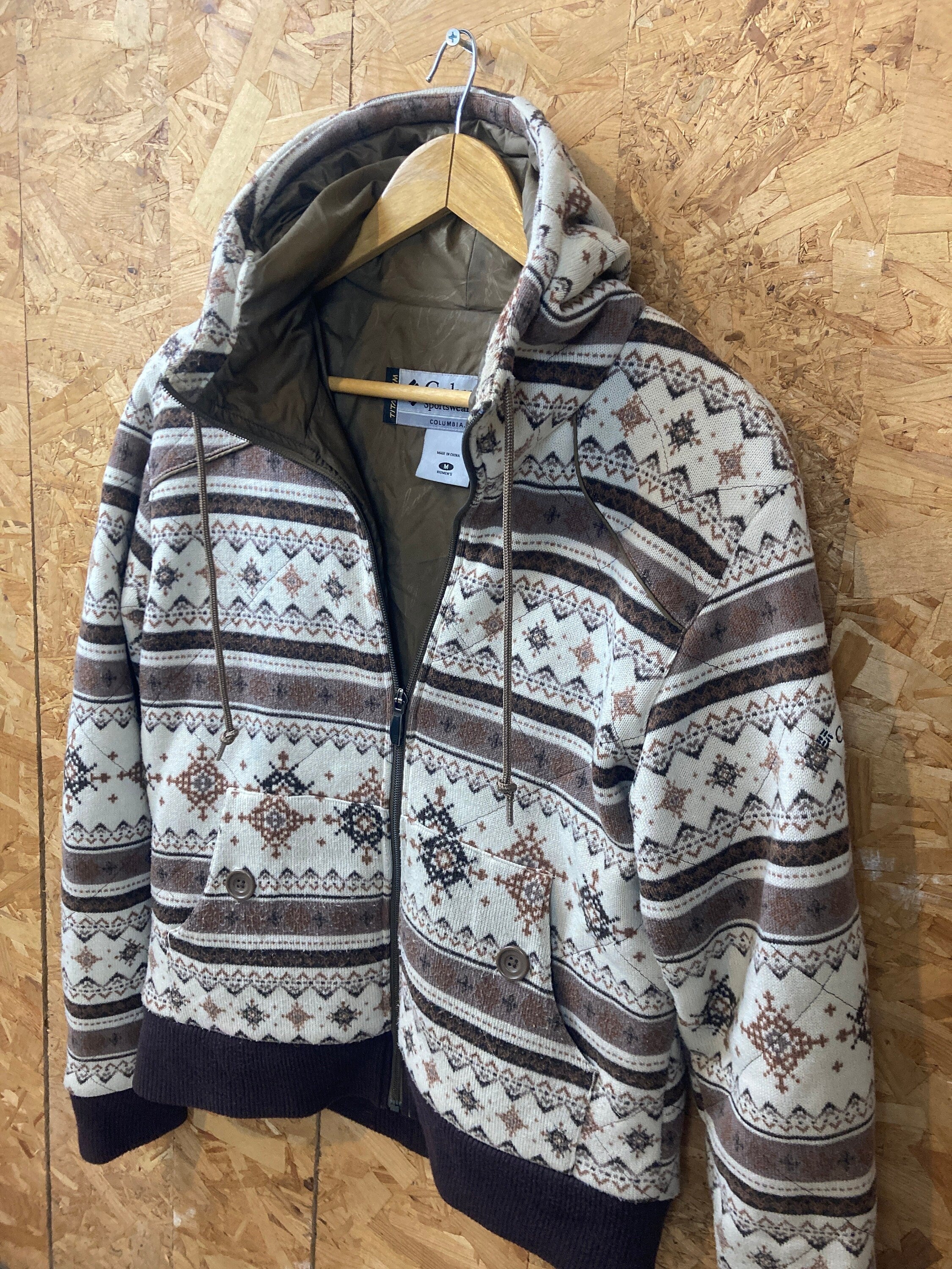 Vintage Y2K Columbia Nordic Icelandic ski pattern fine knit hooded zip cardigan size medium