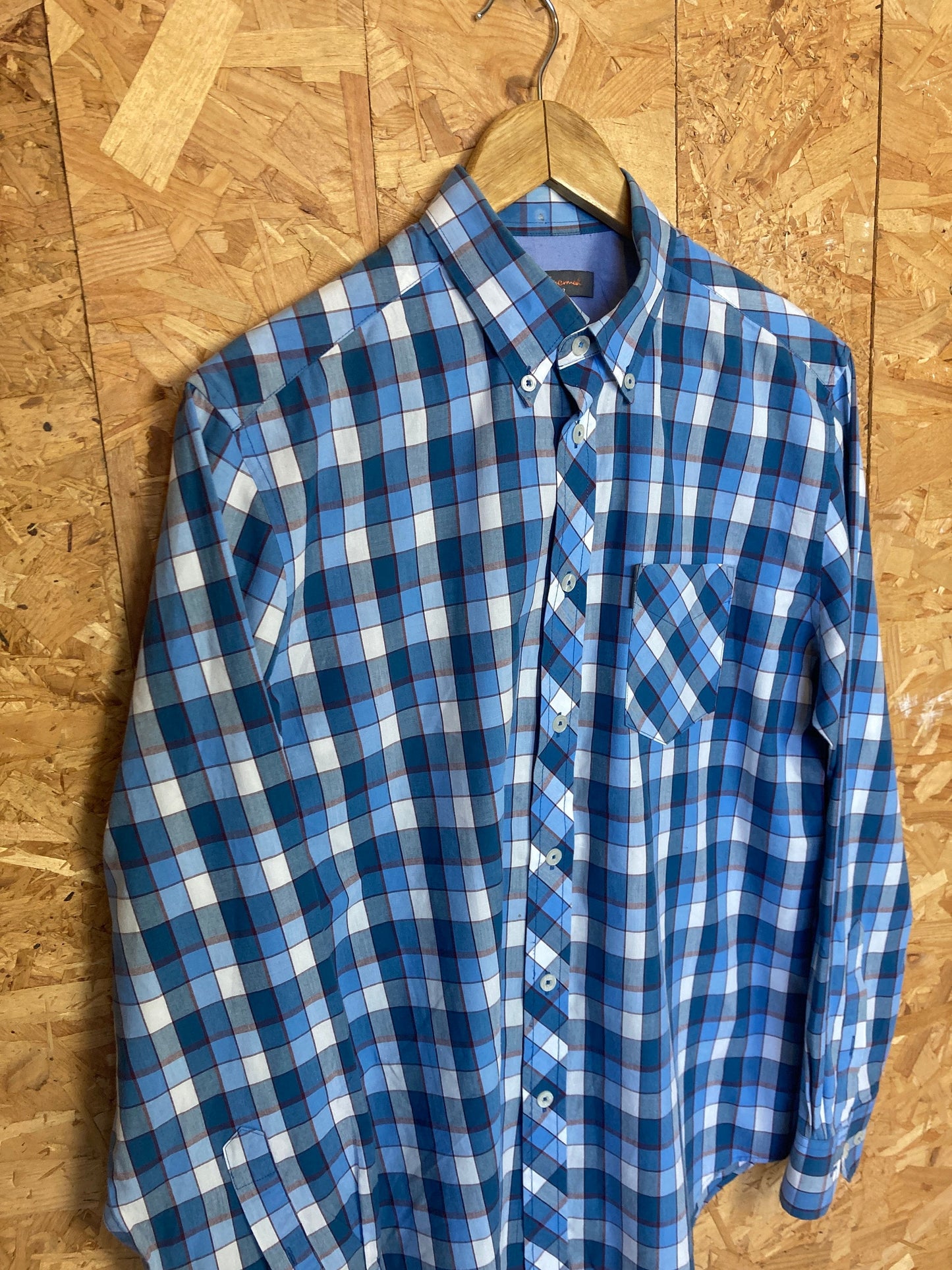 Vintage Ben Sherman light blue red tablecloth check long sleeve Mod skinhead retro punk shirt size small