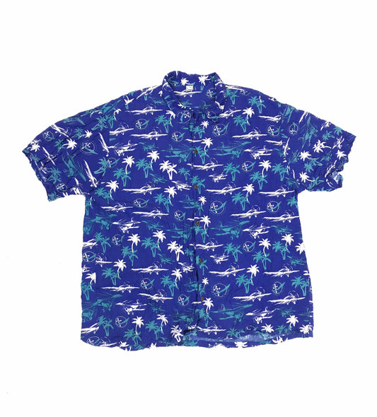 Vintage 90s aeroplane biplane palm tree blue white oversized rayon hawaiian shirt size 2XL extra large