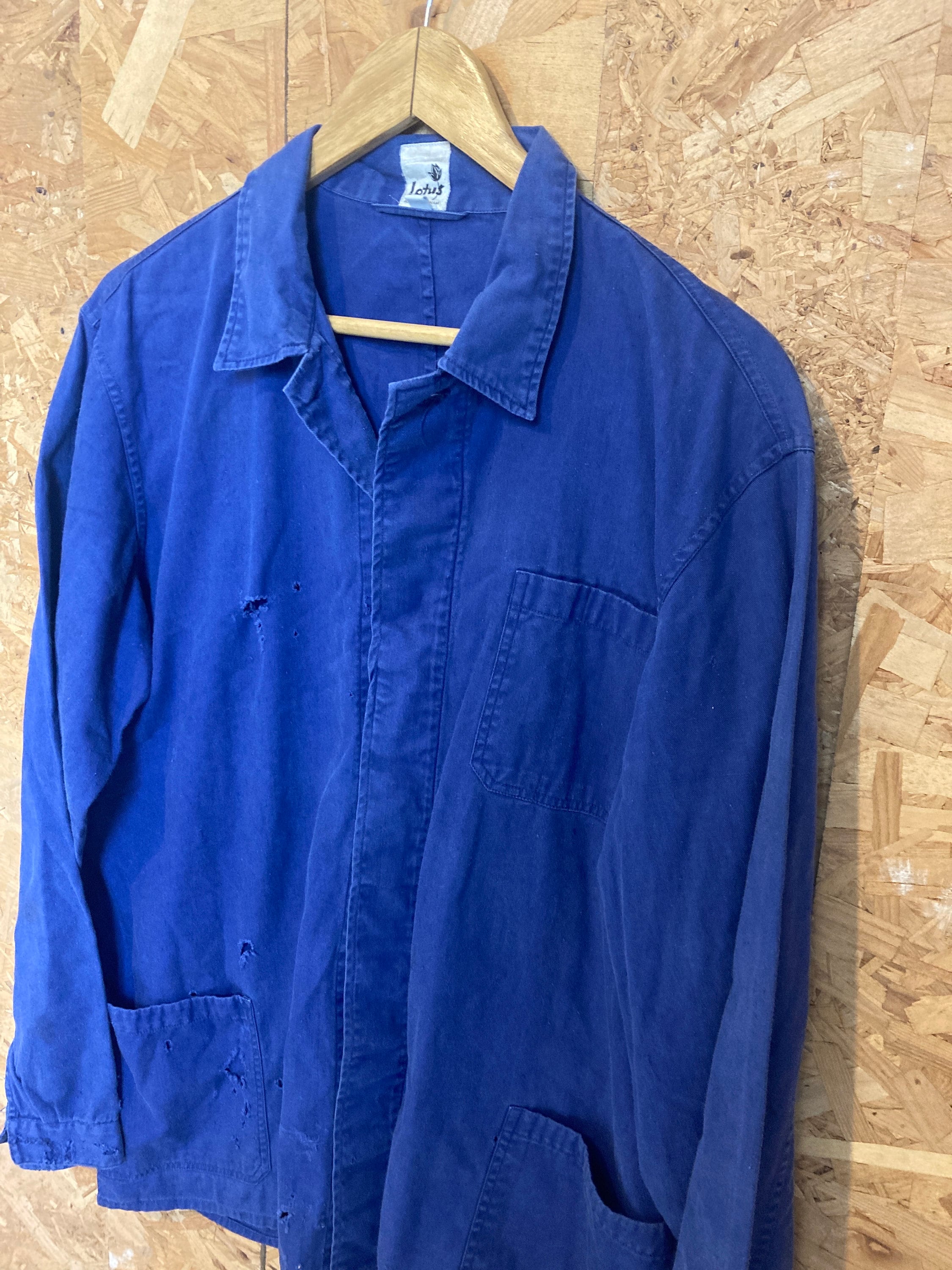 Vintage 80s French blue workers chore sanforized button jacket cotton drill distressed size large by