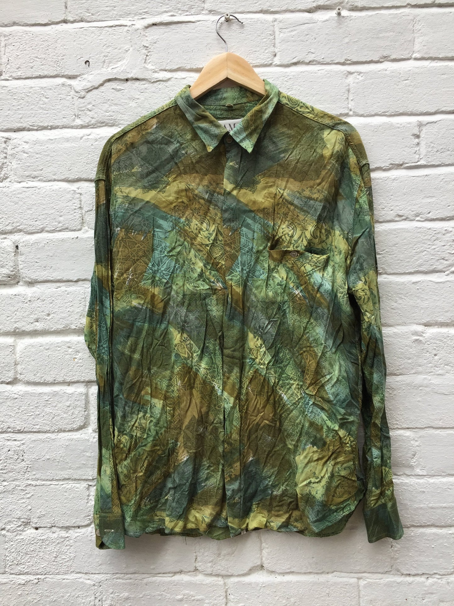 Vintage 90s grungy green blue abstract long sleeve ugly shirt size XL