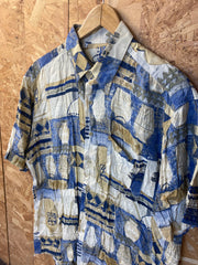 Vintage 90s beige blue abstract pattern short sleeve ugly party shirt size large