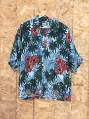 Vintage 90s mens light blue green hibiscus palm trees pineapple fruit print Hawaiian eccentric statement quirky party festival shirt size XL
