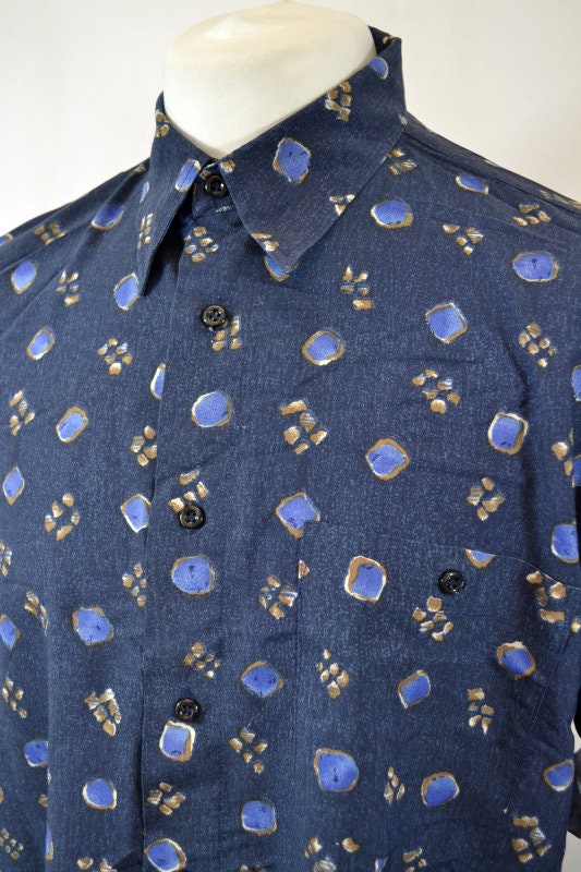 Vintage Y2K navy blue cotton oversized muted pattern hawaiian shirt size XL