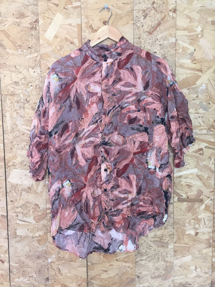 Vintage 90s mens coral pink red brown mao grandad collar abstract crazy pattern short sleeve party festival eccentric shirt size XL