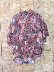 Vintage 90s mens coral pink red brown mao grandad collar abstract crazy pattern short sleeve party festival eccentric shirt size XL