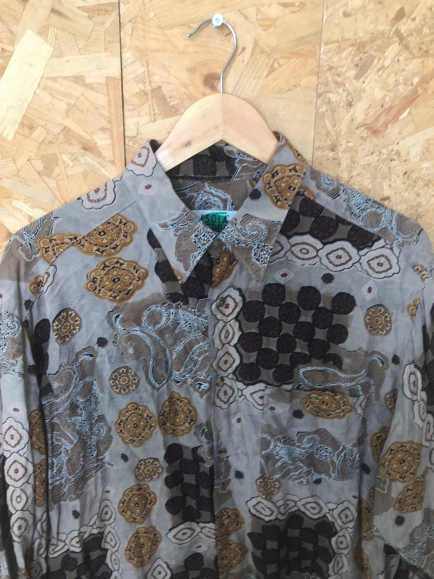 Vintage 90s brown beige grungy abstract Paisley long sleeve ugly cocktail shirt size large