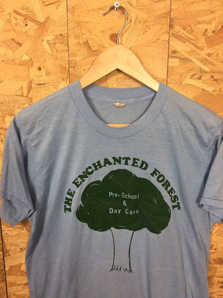 Vintage 80s USA The Enchanted Forest Pre school & daycare light blue t-shirt size medium