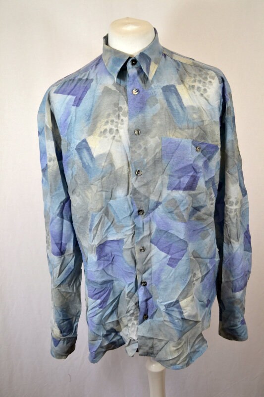 Vintage 90s blue pastel abstract pattern long sleeve grungy eccentric shirt size large