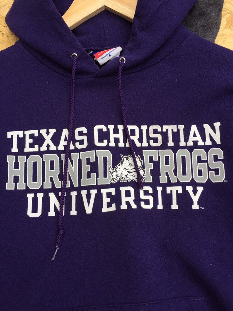 Vintage 90s Champion USA Texas Christian Horner frogs university hoodie purple white embroidered spellout size small