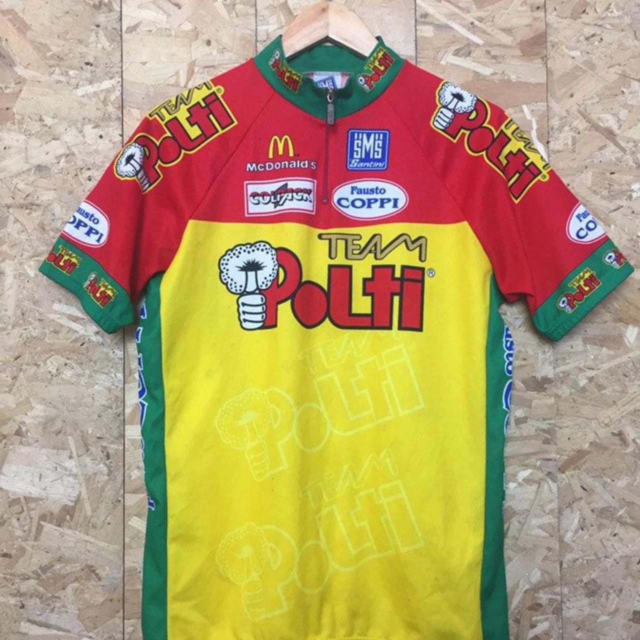 Vintage 90s Italian made Team Polti Vuelta Italia Tour de France style cycle jersey red yellow size