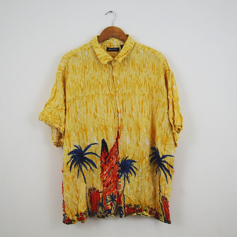 Vintage 90s pastel yellow abstract beach hawaiian rayon oversized shirt size XXL