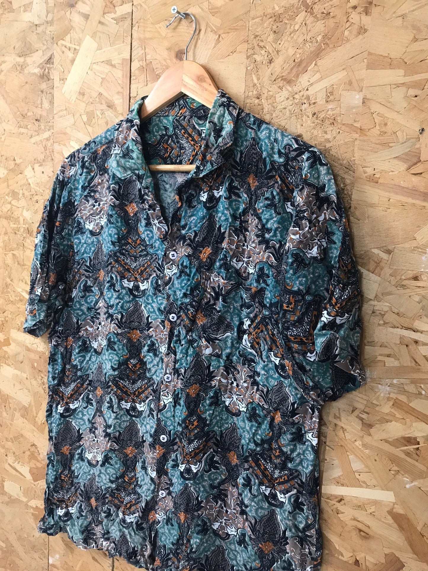 Vintage 90s mens ugly grungy green brown abstract paisley pattern shirt sleeve summer party shirt size large