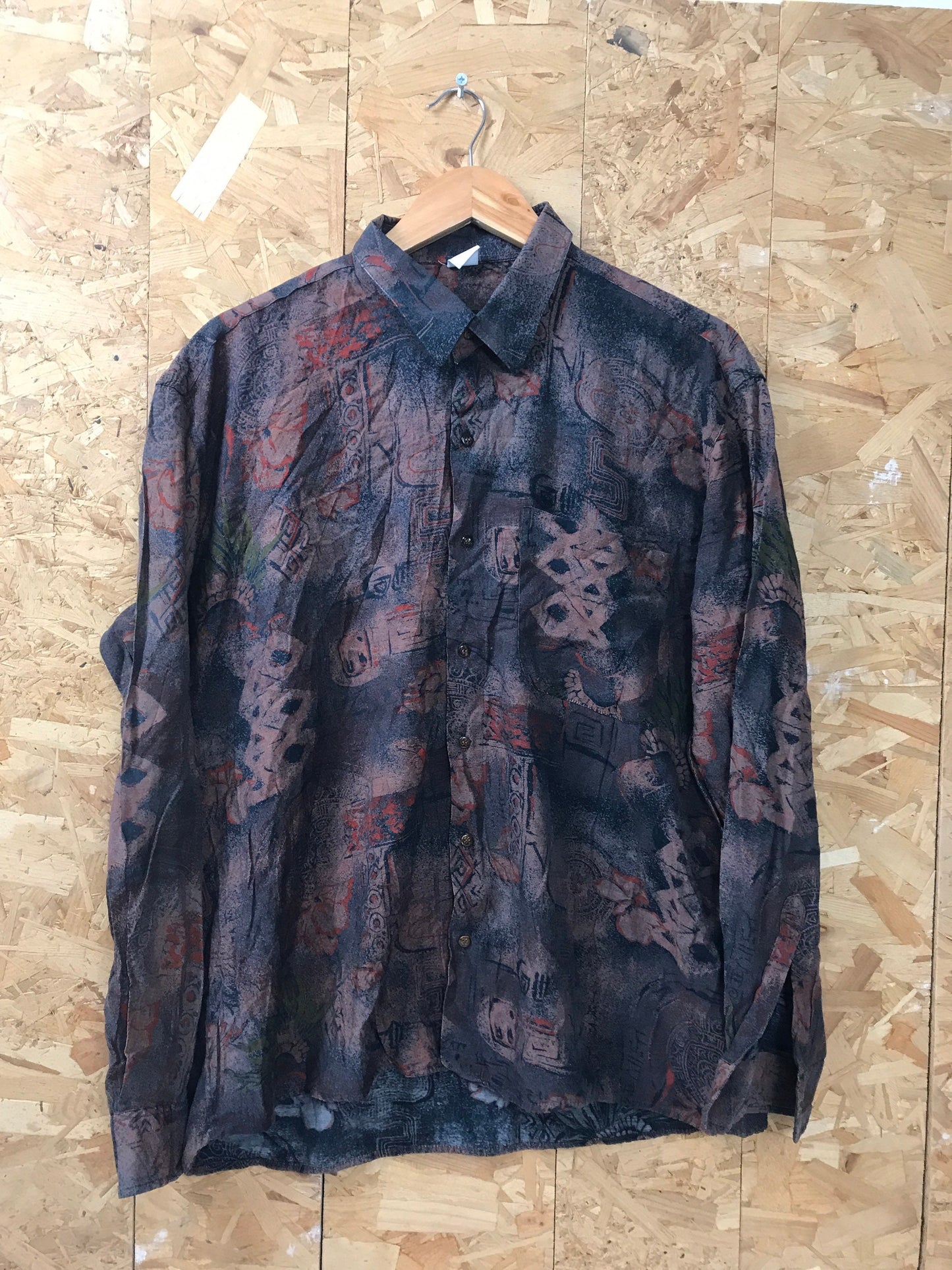 Vintage 90s brown red green grungy abstract print long sleeve ugly rayon shirt oversized large