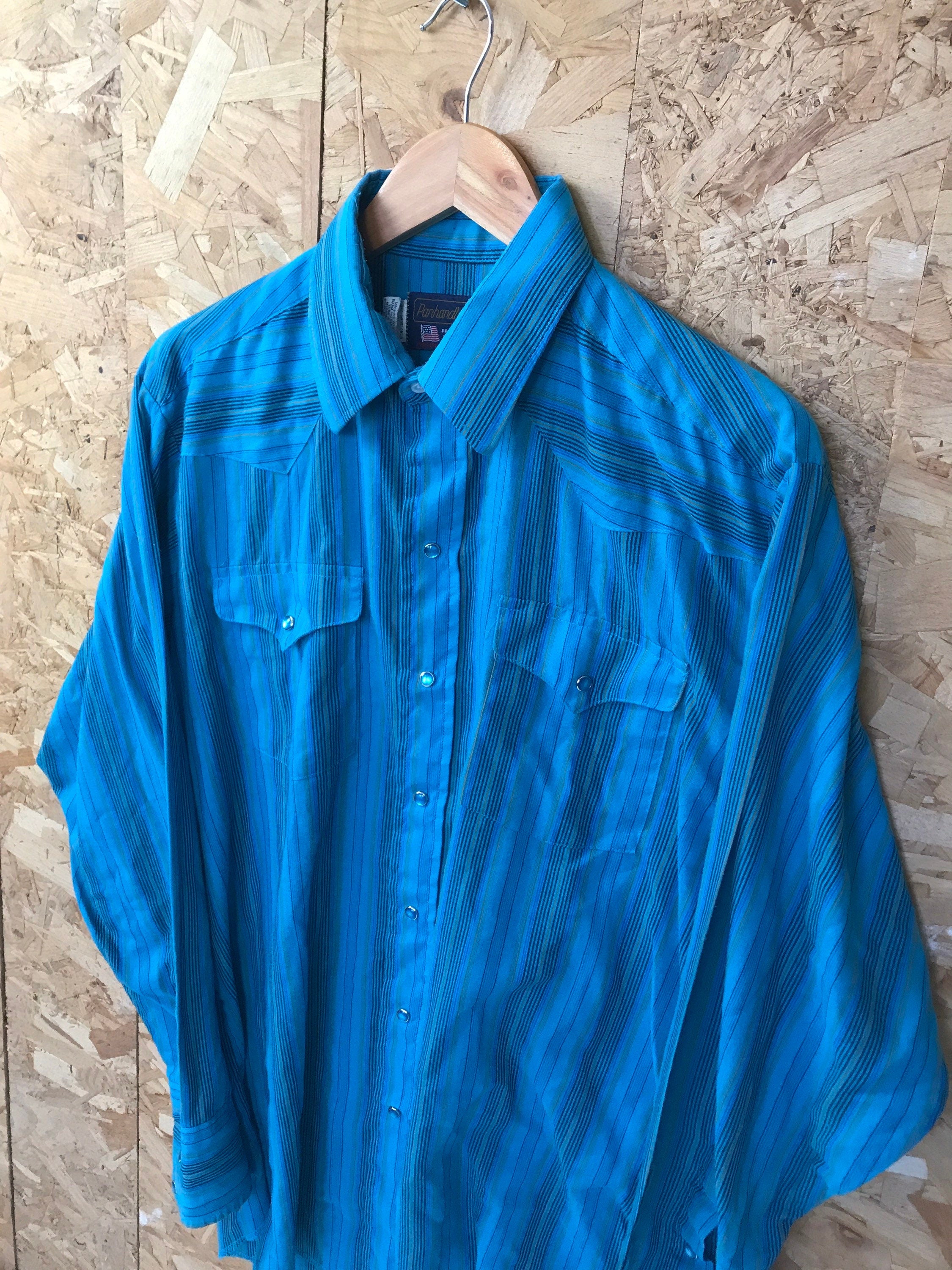Vintage 80s Panhandle Slim turquoise blue cotton striped USA western shirt size large 16/32