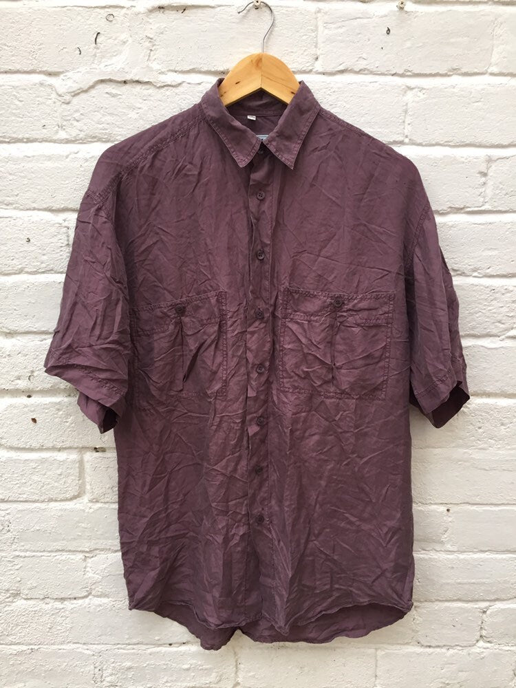 Vintage 90s mauve muted purple pure silk twin pocket oversized mens shirt oversized size small