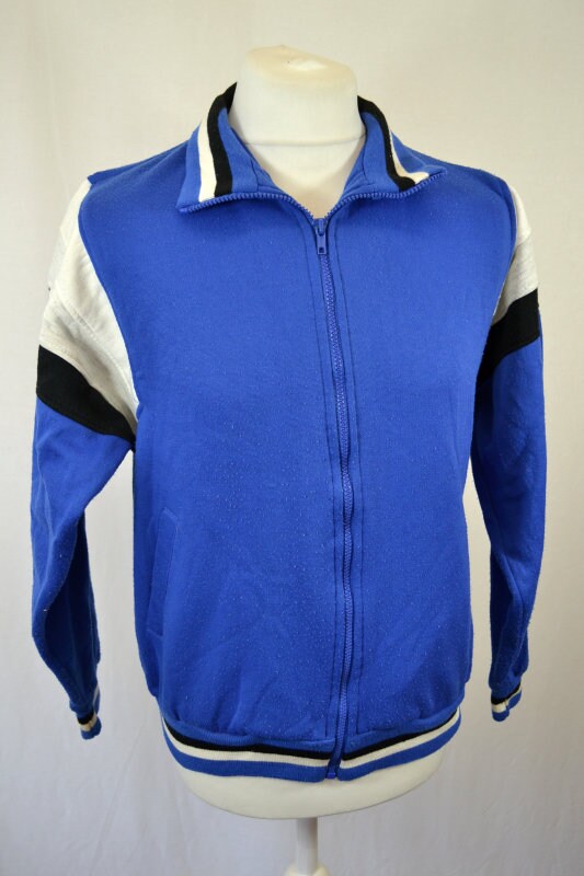 Vintage Blue & Grey Track Top 80s Old School Mod Look Retro Tracksuit Sweat Jacket Top size small