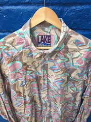 Vintage 90s ugly abstract water colour pastel shapes pink beige green blue party festival long sleeve cotton shirt size XL