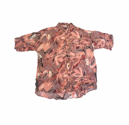 Vintage 90s mens coral pink red brown mao grandad collar abstract crazy pattern short sleeve party festival eccentric shirt size XL