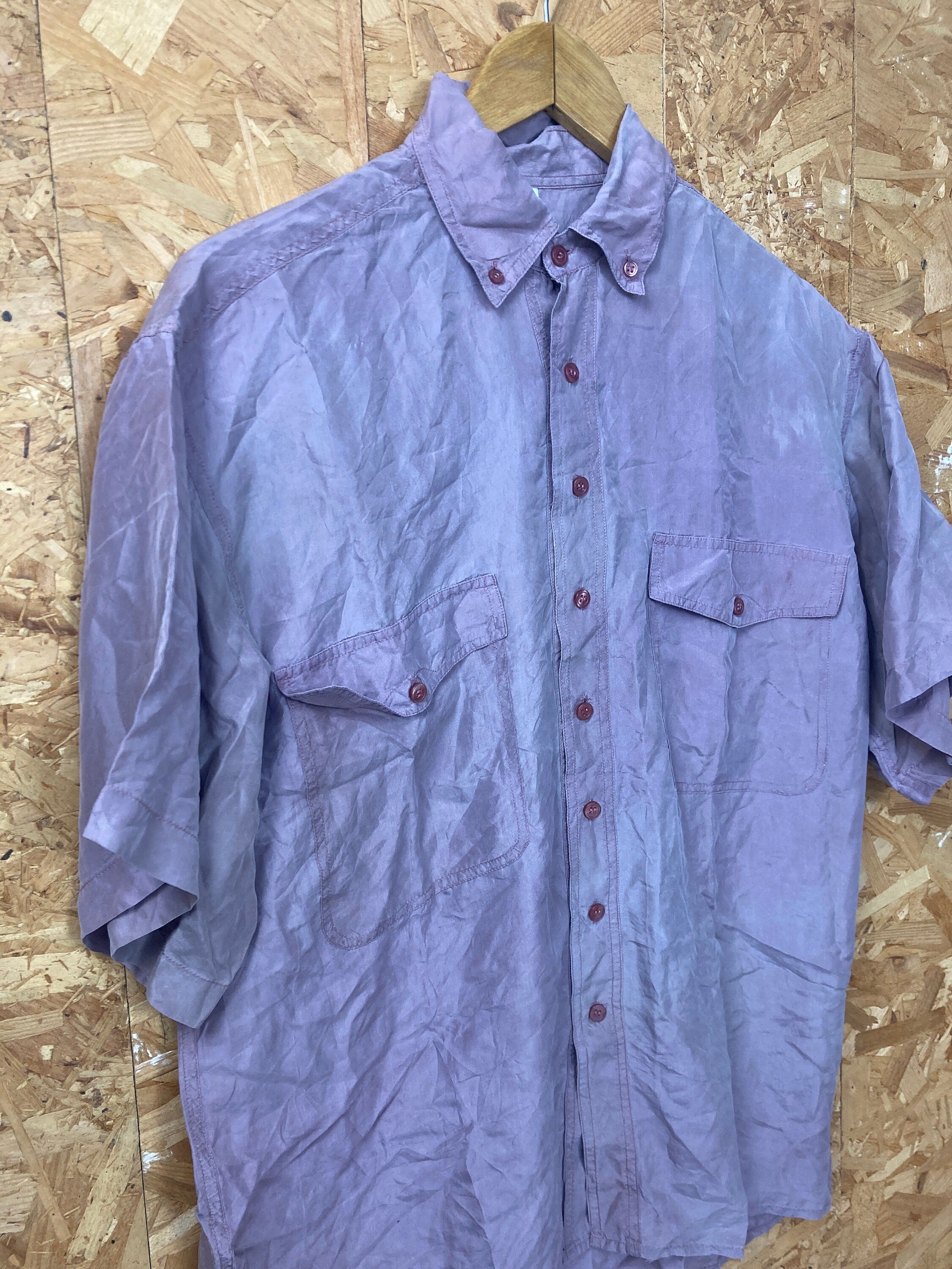 Vintage 90s muted mauve dusky rose pure silk short sleeve oversized mens shirt size small