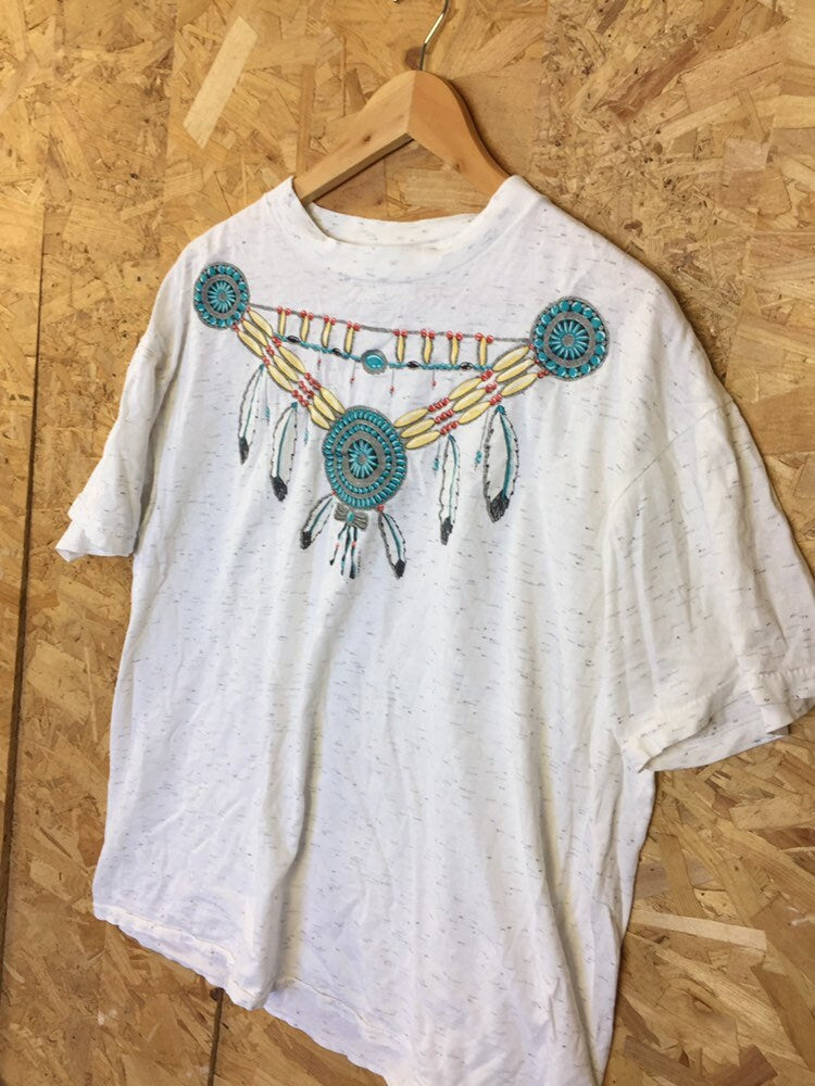 Vintage 90s USA Souvenir Native American costume style decoration white grey fleck t-shirt size XL