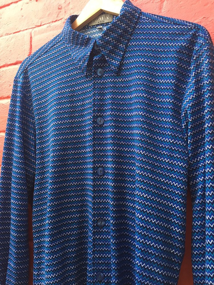 Vintage 70s polyester zig zag pattern pointed collar retro disco shirt size XL slim fit