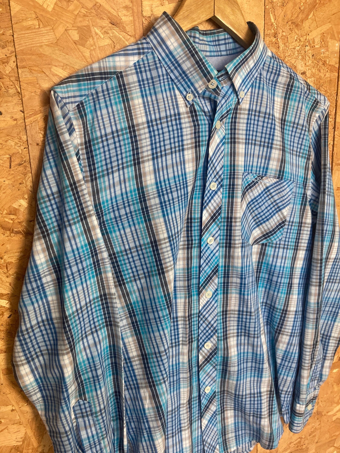 Vintage Ben Sherman light blue navy tablecloth check long sleeve Mod skinhead retro punk button down