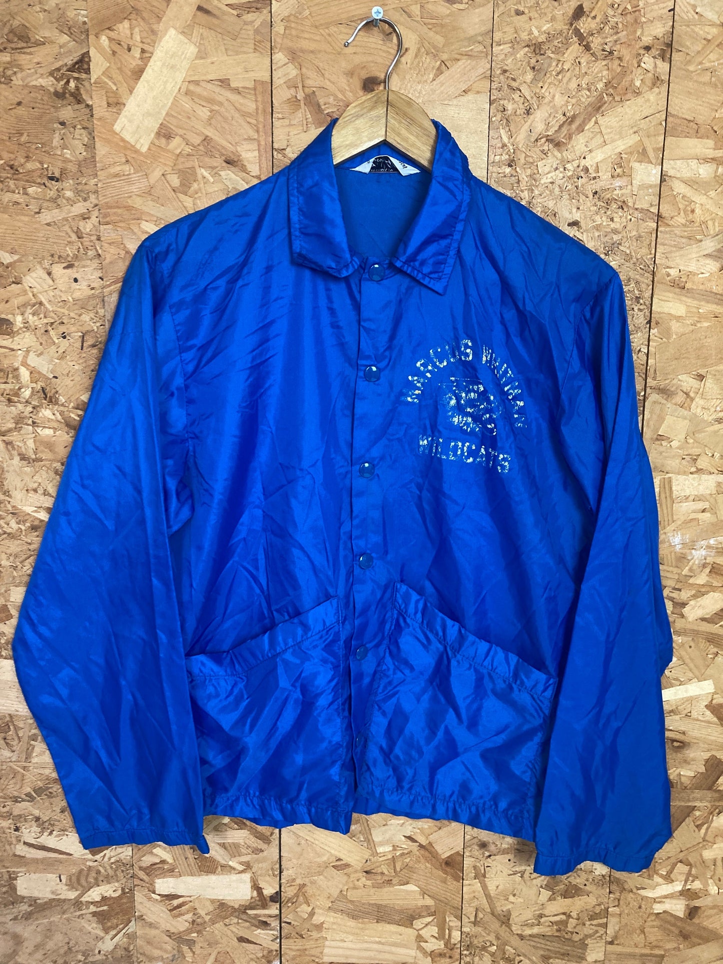 Vintage 70s blue distressed Marcus Witman Wildcats USA college sports coach track jacket windbreaker