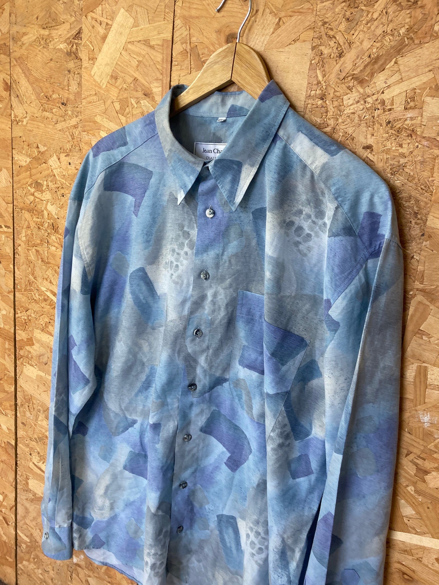 Vintage 90s Pastel yellow blue abstract Watercolour print long sleeve viscose party eccentric shirt size XL