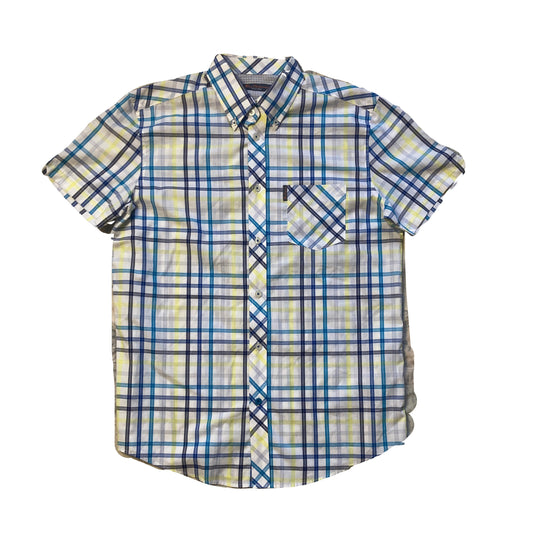 Vintage Ben Sherman light blue yellow white tablecloth fine check short sleeve Mod skinhead retro punk size small