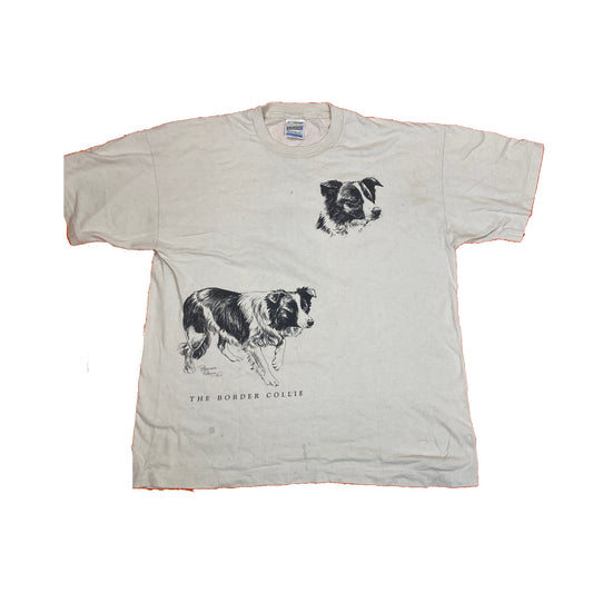 Vintage 90s off white border collie dog souvenir quirky cute t-shirt size XL