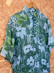 Vintage 90s green floral abstract pattern ugly rayon eccentric Hawaiian style party shirt size M
