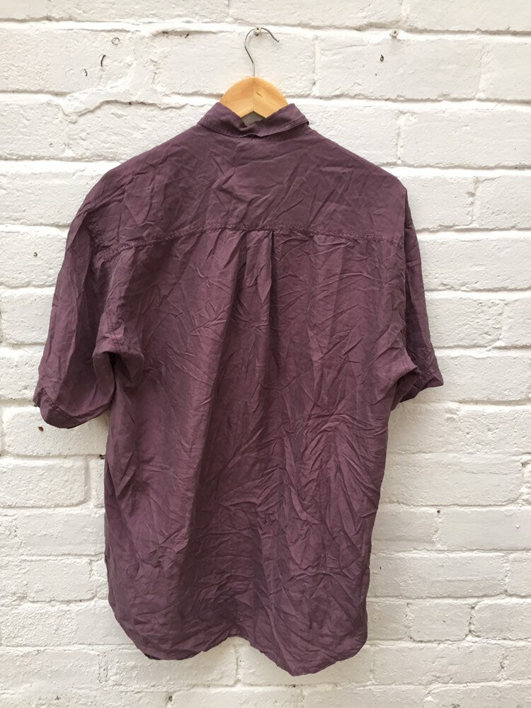 Vintage 90s mauve muted purple pure silk twin pocket oversized mens shirt oversized size small