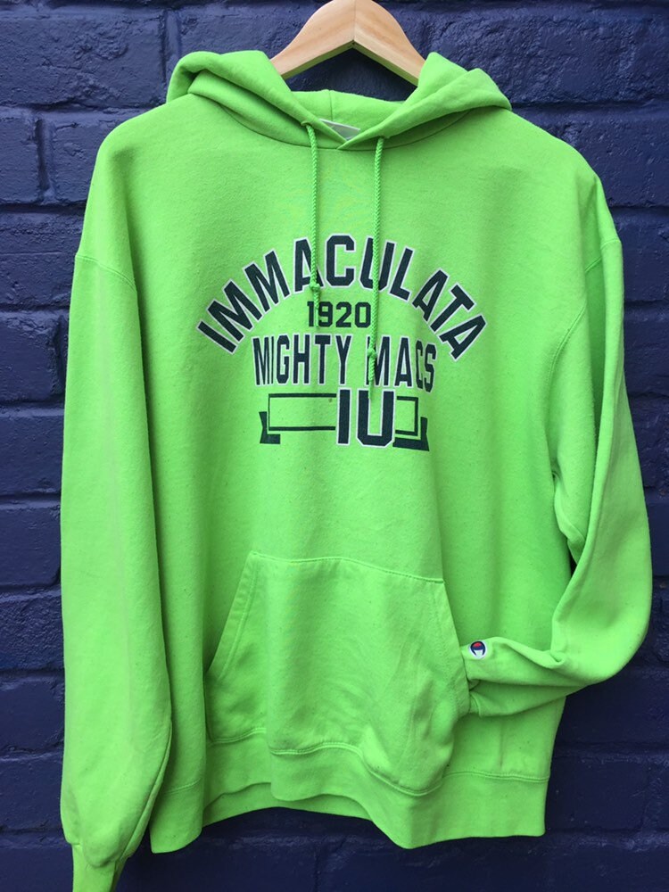 Vintage 90s Champion USA Immaculata Mighty Mac’s Varsity  college hoodie lime green & blue spellout