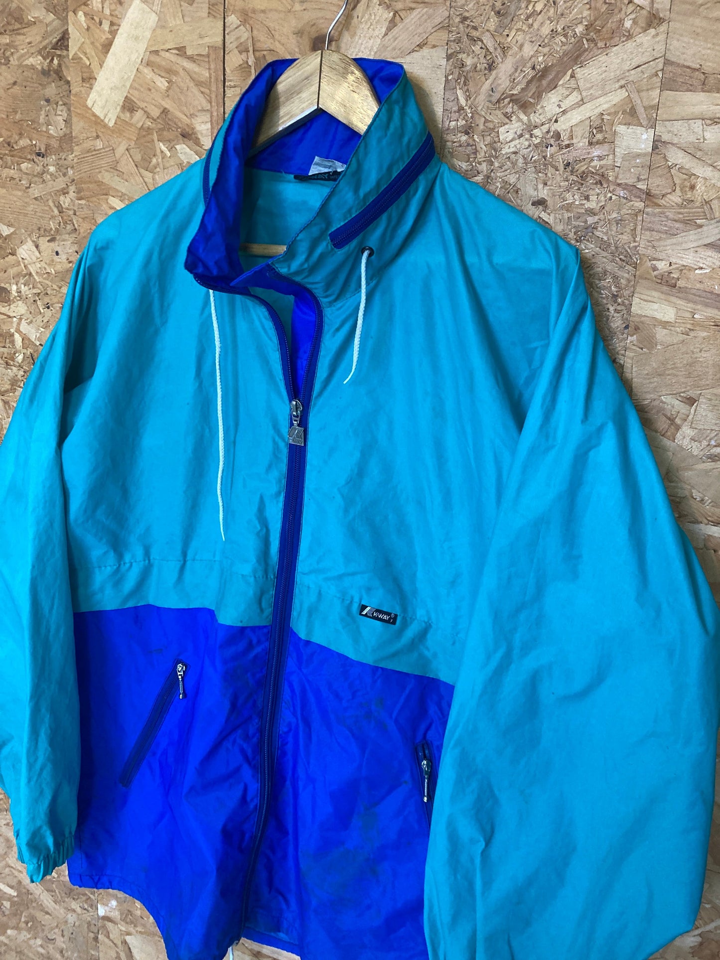 Vintage 90s K-Way blue teal raincoat windbreaker waterproof rain jacket size large