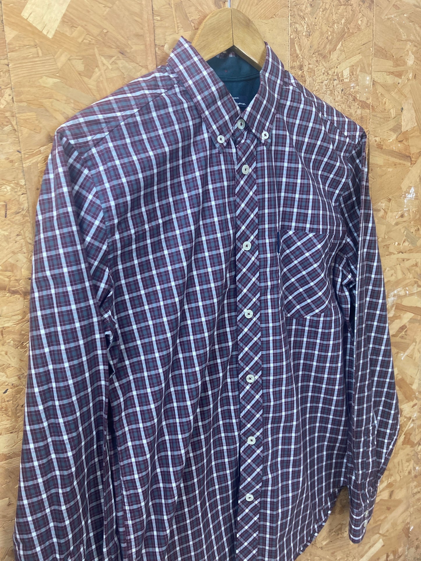 Vintage Ben Sherman burgundy dark red gingham check long sleeve Mod skinhead retro punk shirt size small