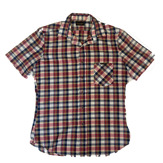 Vintage 70s Wrangler red blue beige short sleeve western check shirt size medium