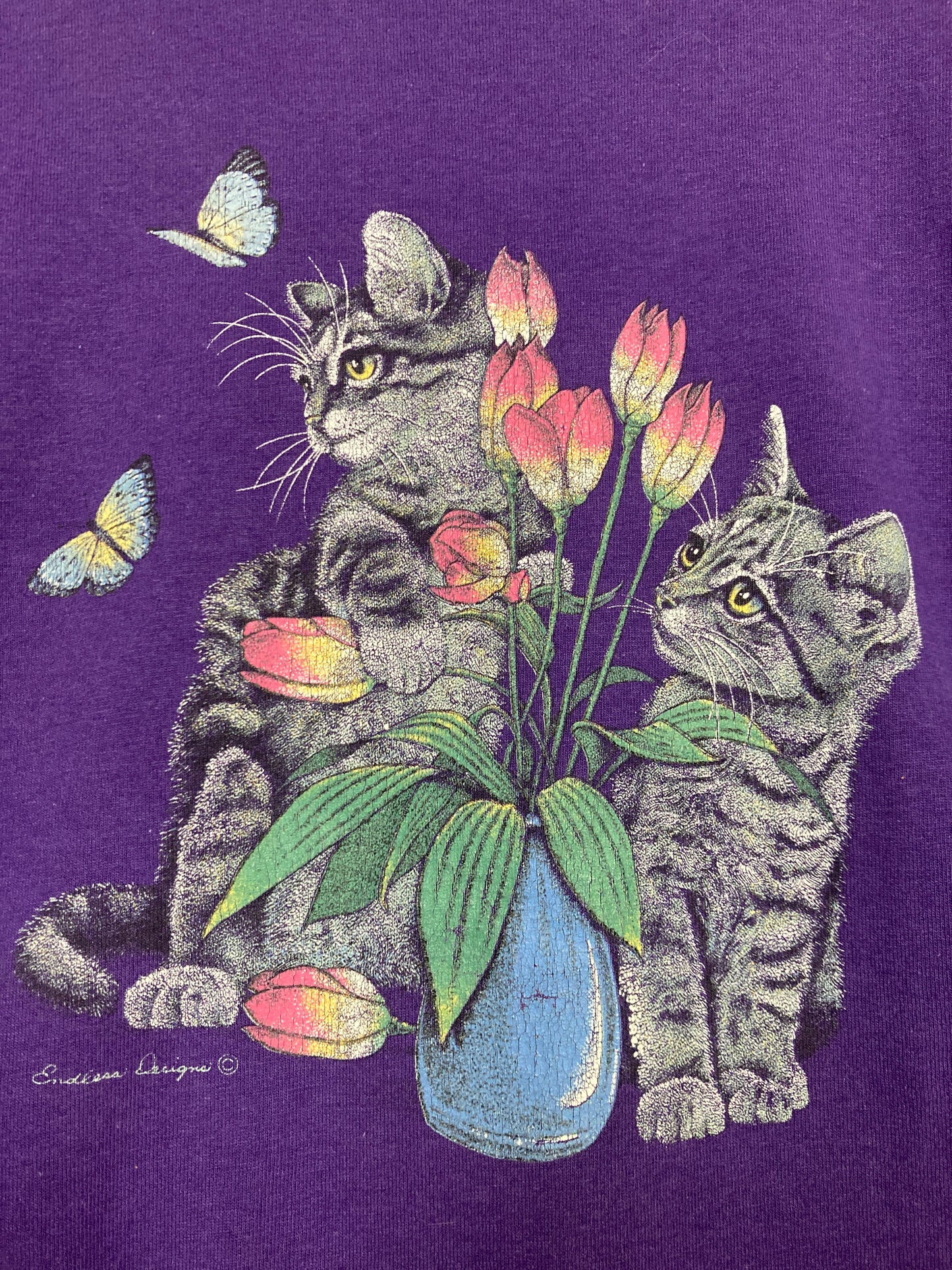 Vintage 90s purple kittens and butterflies USA Souvenir quirky t-shirt size  lar