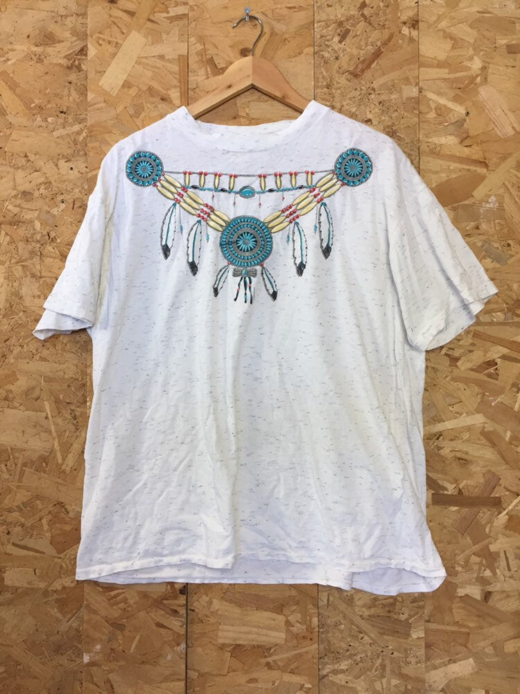 Vintage 90s USA Souvenir Native American costume style decoration white grey fleck t-shirt size XL