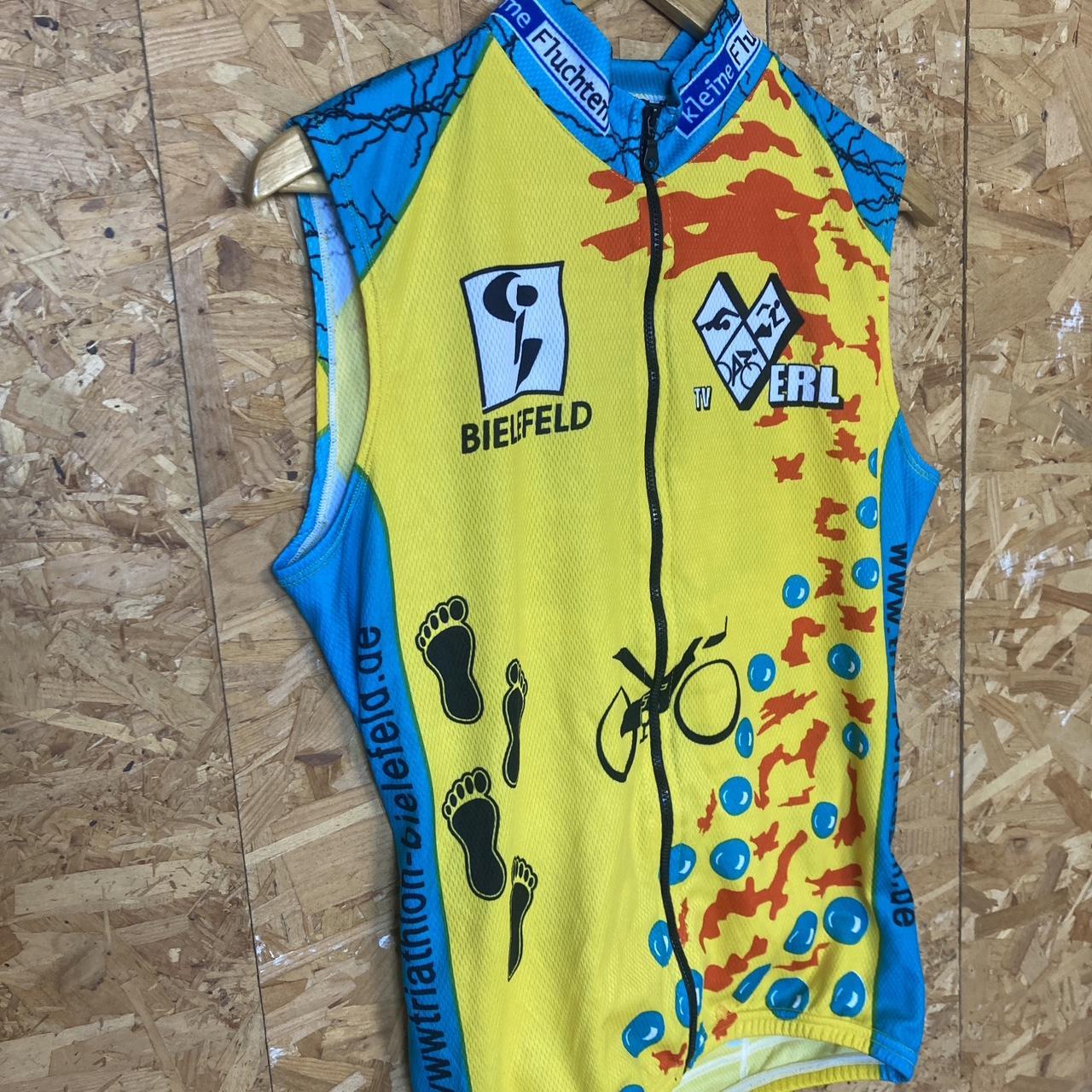 Vintage Y2K sleeveless triathlon bielefeld Mallorca yellow orange blue cycle jersey size M