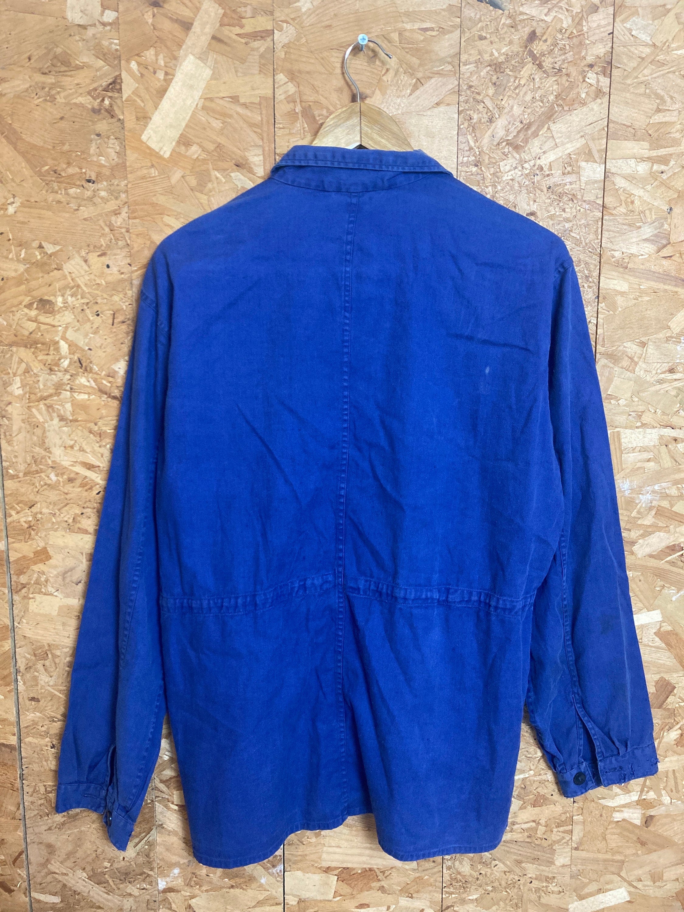 Vintage 80s French blue workers chore sanforized button jacket cotton drill distressed size large by