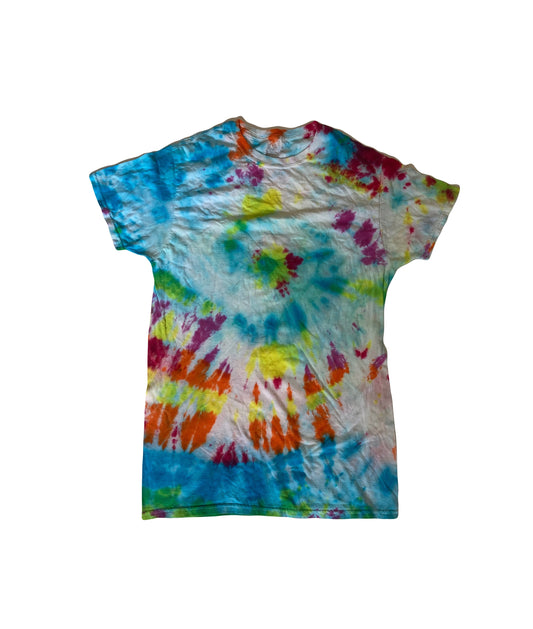 Vintage Y2K tie dye blue pink yellow pattern trippy psychedelic rave wavy t-shirt size small