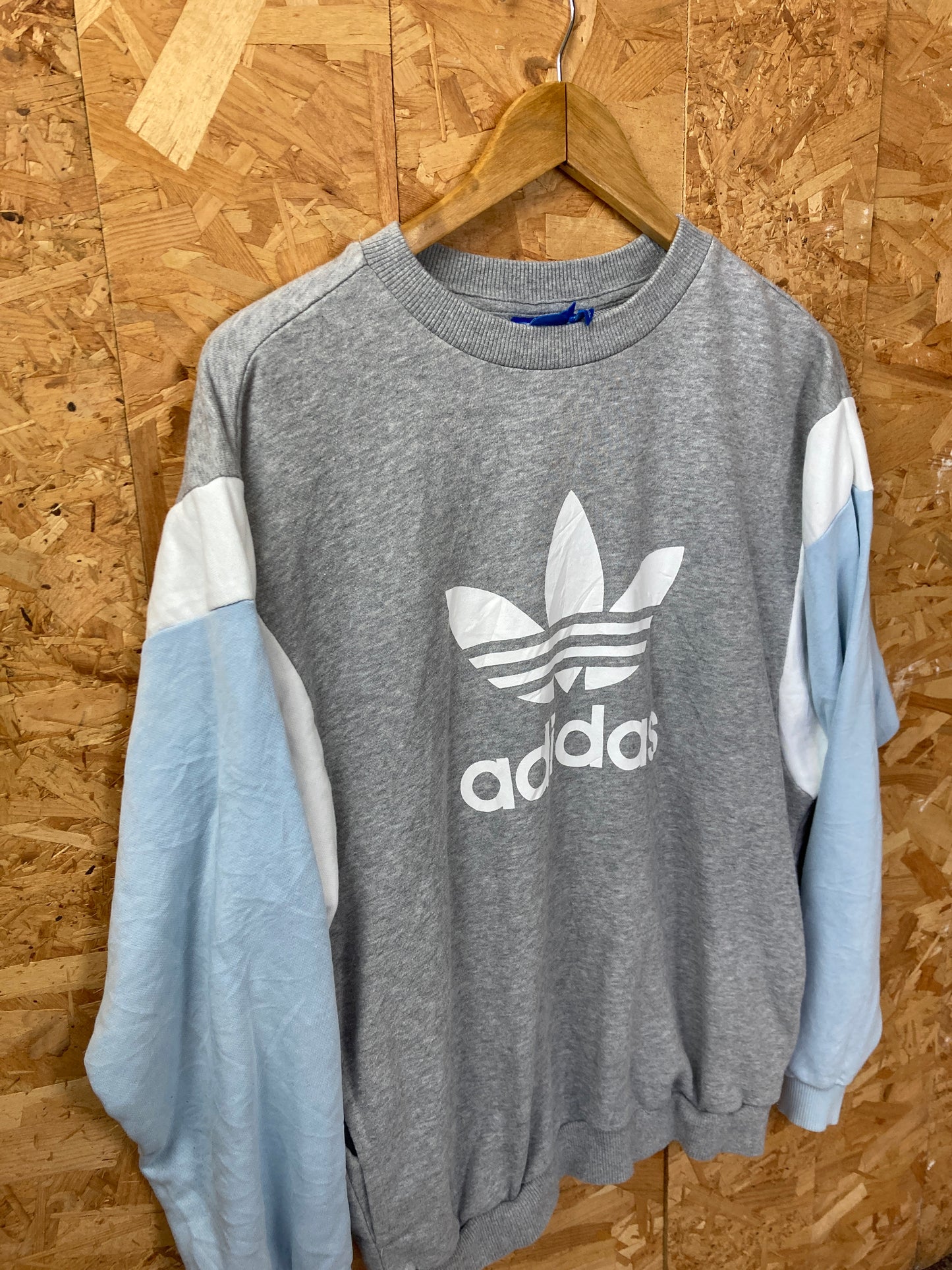 Vintage grey white blue Adidas logo print crew neck sweater size medium