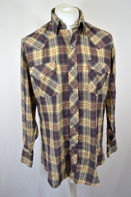 Vintage 80s beige blue red fine check western slim fit twin pocket cowboy shirt size XL