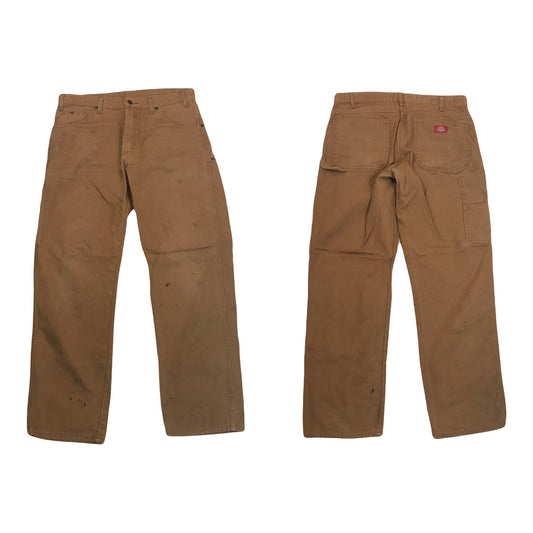 Vintage 90s W33 L32 worn distressed Dickies heavy cotton tan beige canvas duck weave workwear carpenter pants trousers