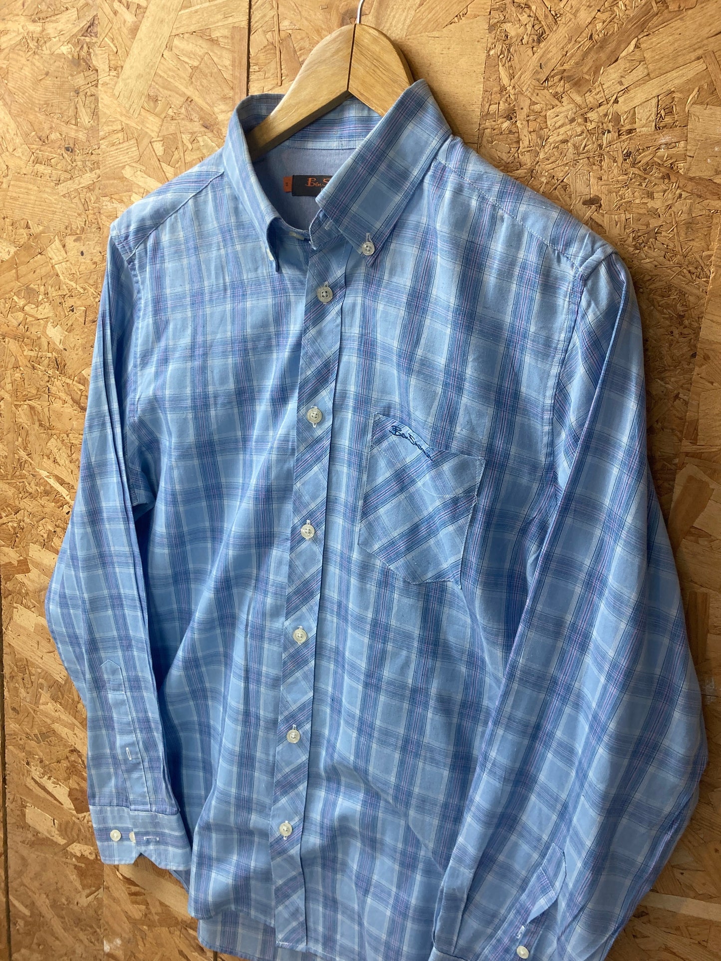 Vintage Ben Sherman mid light blue tablecloth check long sleeve Mod skinhead retro punk shirt size small